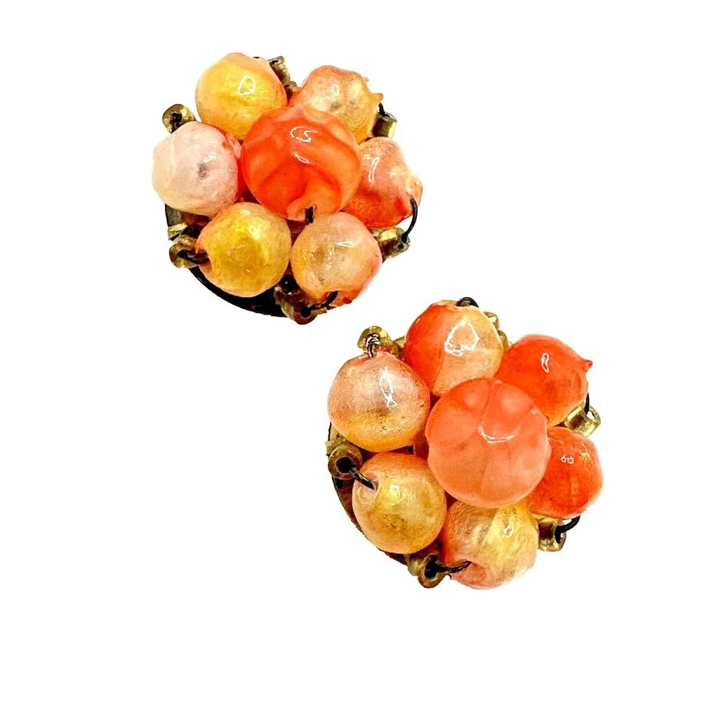 Vintage Hong Kong Fruit Salad Lucite Earrings Orange Swirl Cluster Clip On 1